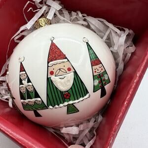 Crate Barrel Blown Glass Ball Ornament Hand Painted Santa Elves Suzi Ultman 2015